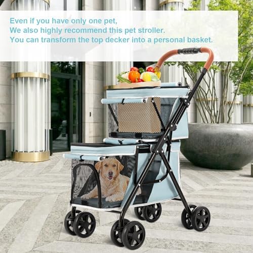 Double Pet Stroller for 2 Dogs & Cats, Double-Decker, Blue