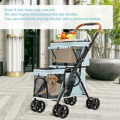 Double Pet Stroller for 2 Dogs & Cats, Double-Decker, Blue