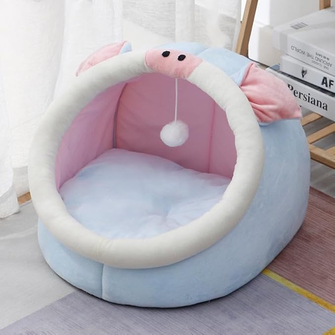 One for Pets Soft Plush Semi-Enclosed Cat Bed with Teaser, Blue Piggy, Large
