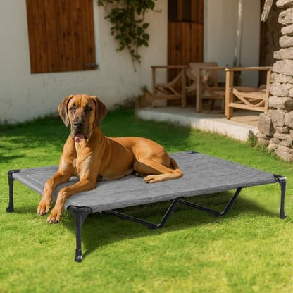 Veehoo Outdoor Elevated Dog Bed Large Sized Dogs, XXL Cooling Raised Dog Cots Beds Training Platform Off Ground Hammock with Breathable Mesh, No-Slip Feet, 59"x37.5", Black Silver