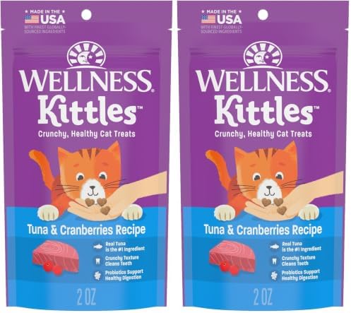 Wellness Kittles Crunchy Cat Treats, All Lifestages, Kitten to Senior, Natural, Grain Free, Tuna and Cranberry Flavor, 2 oz Bag (Pack of 2)