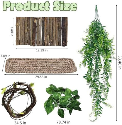 kathson Bearded Dragon Tank Accessories, Large Reptile Hide Wooden Bridge Seagrass Hammock Jungle Climber Vines Leaves and Plant Reptile Habitat Decor for Chameleon Lizards Gecko Snakes Climbing