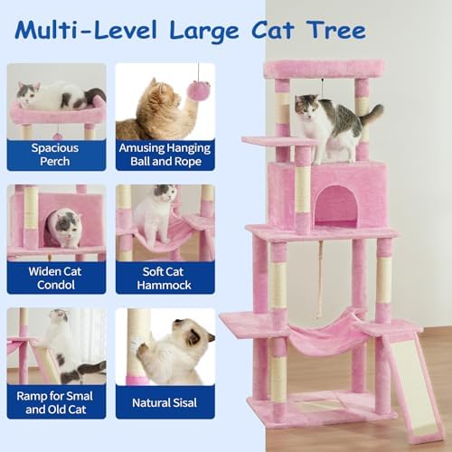 Cat Craft Cat Tree 63 Inch Cat Tower for Indoor Cats, Multi-Level Cat Tree for Large Cats 20 lbs+ Heavy Duty Cat Tower with Sisal Scratching Posts, Hammock, Condo and Extended Platform, Pink