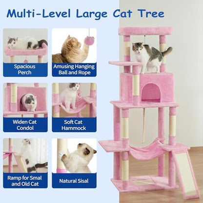 Cat Craft Cat Tree 63 Inch Cat Tower for Indoor Cats, Multi-Level Cat Tree for Large Cats 20 lbs+ Heavy Duty Cat Tower with Sisal Scratching Posts, Hammock, Condo and Extended Platform, Pink