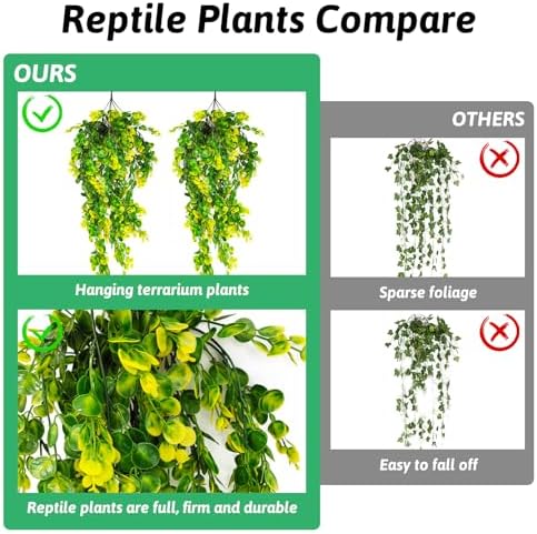 Hamiledyi Reptile Plants Hanging Terrarium Plants Artificial Leaves Habitat Decorations with Suction Cup Green and Yellow Fake Amphibian Plants for Bearded Dragon Lizard Geckos Chameleon（2 Pack）