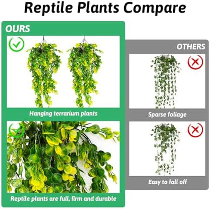 Hamiledyi 4 PCS Reptile Plants Hanging Terrarium Plants Artificial Leaves Habitat Decorations with Suction Cup Green and Yellow Fake Amphibian Plants for Bearded Dragon Lizard Geckos Chameleon