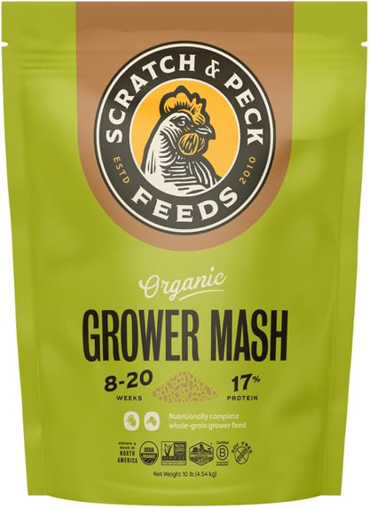 Scratch and Peck Whole Grain Grower Mash Chicken and Duck Feed - 10 lbs Bag - Corn-Free and Soy-Free - 17% Protein, Certified Organic and Non-GMO Project Verified Chicken Food