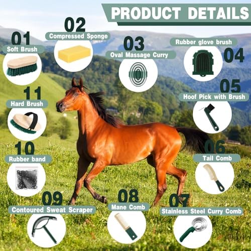 Abbylike 12 Piece Horse Grooming Kit with Organizer Tote Bag Brush Sets for Derby Day Show Horses Professional Tools for Care & Massage(Khaki and Green)