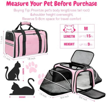 Double Expandable Cat Carrier,Airline Approved Soft-Sided Pet Travel Carrier for Small Dogs Cats under 15 lbs,Waterproof 600D Oxford Fabric with Washable Replacement Liner,Odor-Free & Claw-Proof(Pink)