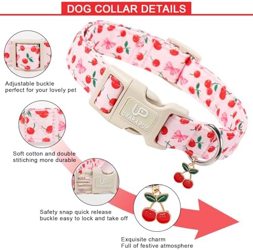Spring Dog Collar, UP URARA PUP Strawberry Collars in Pink Checkered Adjustable Pet Collar with Quick Release, Daily Dog Accessories for Small Medium Large Dogs