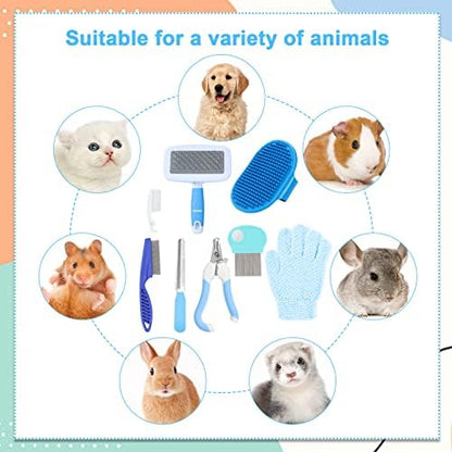 VCZONE Small Animal Grooming Set: Pet Nail Clipper & File, Flea Comb, Shampoo Brush, Shedding Slicker Brush, Massage Glove, Cleaning Comb (Blue)