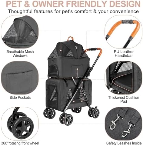 Double Cat Stroller for 2 Cats or Dogs, Detachable Carriers, Black