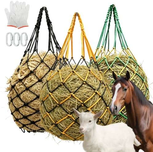 3 Pack Slow Feed Hay Nets for Horses, 25.6×23.6in Hanging Horse Hay Feeder Bags, 2.36×2.36in Mesh Polypropylene Hay Nets with Hooks & Gloves for Goat Sheep Livestock Stable Trailer Pasture
