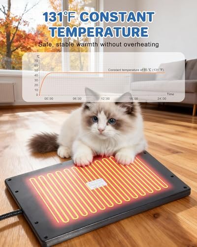 Roicaholy Pet Heating Pad - Waterproof Cat Heating Pad with Removable Cover for Outdoor Indoor Use, Continuous Heat, 15.7x11.8 in, 6ft Cord, 45W, Black