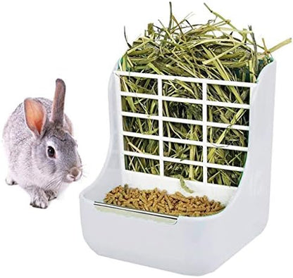 Rabbit Supplies with Bowl & Hay Feeder - Accessories for Bunnies & Guinea Pigs, 6x6x7 Inches (White)