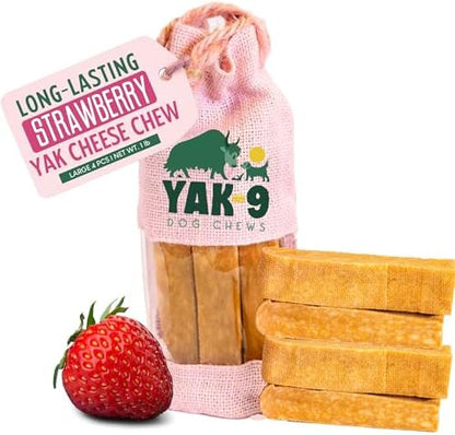 Yak9 Yak Cheese Himalayan Dog Chews Large | High Protein, Non Rawhide Dog Chews Long Lasting | Non GMO, Gluten Free, Grain Free Yak Milk Dog Chew | Large 4oz Size, Strawberry, 4 PC