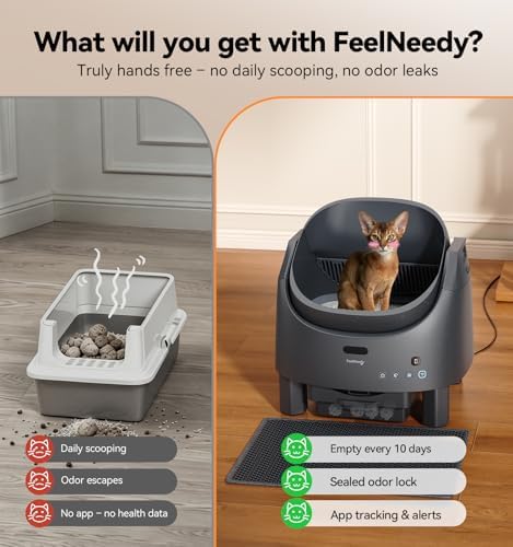 Automatic Litter Box Self Cleaning, FeelNeedy Open-Top Smart Cat Litter Box with App Control, Odor-Control Safety Sensor Design for Multiple Cats, with Waste Bags