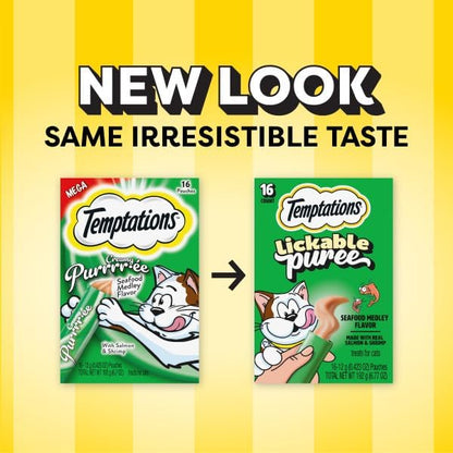 Temptations Creamy Puree Lickable Cat Treats, Seafood Medley, 16 Count