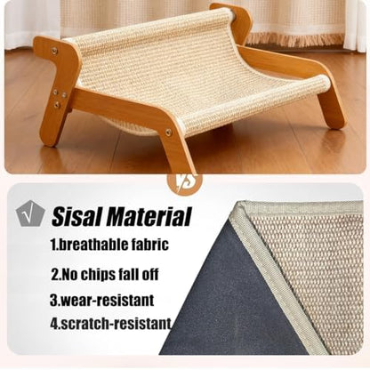 AMEIR Cat Lounger Scratcher Cats Sisal Chair, Pet Scratch Lounge, Wooden Cat Bed Rocker, 2-in-1 Kitten Scratch Pad and Lounger, Wear Resistant Scratching Sisal Chair for Cats