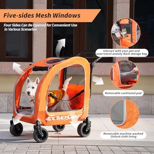 EchoSmile 4-Wheel Pet Stroller for Dogs & Cats, Up to 135 lbs, Orange