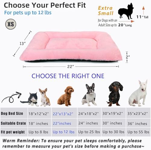 Pink Dog Bed for Crate or Cage 22 Inch for Extra Small Dogs,Soft Fluffy Comfy Cute Crate Beds Washable & Anti-Slip Pet Kennel Pad for Puppy and Cats Cozy Sleeping Mat, (22" x 13", XS-Baby)