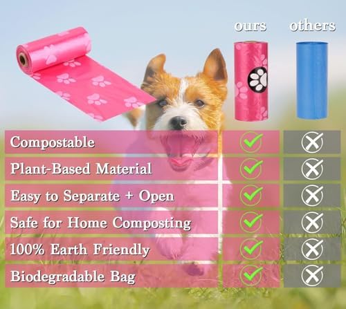 WDFAACK Dog Poo Bags with Holder-240 Large Poop Bags, Corn Starch Blended Bag, Extra Thick Strong Leak Proof Waste Bag for Dogs (Pink)