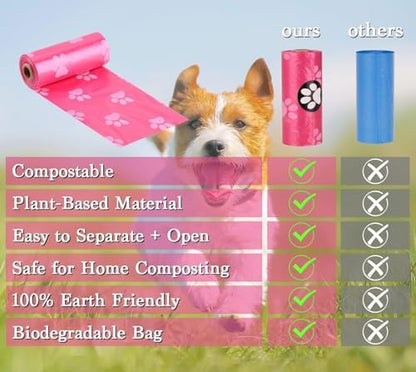 WDFAACK Dog Poo Bags with Holder-240 Large Poop Bags, Corn Starch Blended Bag, Extra Thick Strong Leak Proof Waste Bag for Dogs (Pink)