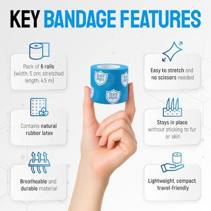 SILVER GRADE Vet Wrap for Horses, Cats, Birds & Other Animals – First Aid Dog Bandages for Wounds to Stop Licking & Scratching – 6 Rolls of Elastic Self-Adhering Bandages with Natural Rubber Latex