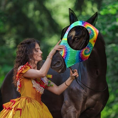 Weewooday 2 Pieces Horse Fly Masks for Horses Soft Fly Masks for Ears Smooth and Elasticity Mask with UV Protection(Tie-dye Pattern,L)