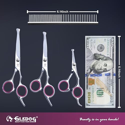 GLADOG Dog Grooming Scissors Kit with Safety Round Tips, Professional 6 in 1 Grooming Scissors for Dogs, Sharp and Heavy-duty Dog Grooming Shears for Dogs Cats Pets (Pink)