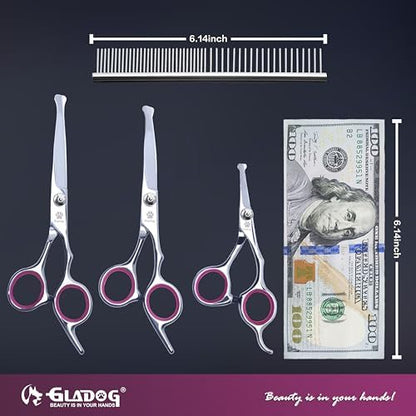 GLADOG Dog Grooming Scissors Kit with Safety Round Tips, Professional 6 in 1 Grooming Scissors for Dogs, Sharp and Heavy-duty Dog Grooming Shears for Dogs Cats Pets (Pink)