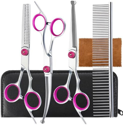 5 in 1 Premium Dog Grooming Scissors, Professional Dog Scissors for Grooming with Safety Round Tips, Lengnoyp Stainless Steel Thinning Shears, Pet Cat Shears for Grooming Kit, Pink