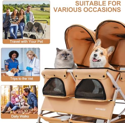 Double Pet Stroller for 2 Small Dogs & Cats, Side-by-Side Twin Travel Carriage with Safety Leashes, Mesh Windows & Double Storage Baskets, Lightweight & Foldable, 44lbs Capacity, Khaki