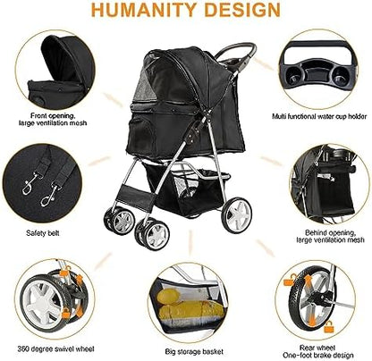 4-Wheel Pet Stroller for Small Dogs and Cats, Up to 33 lb, Black