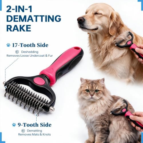 Pet Grooming Comb, Deshedding Dog Brush & Undercoat Rake, Rose Red