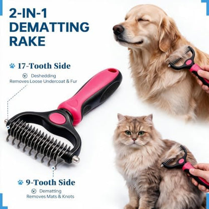 Pet Grooming Comb, Deshedding Dog Brush & Undercoat Rake, Rose Red
