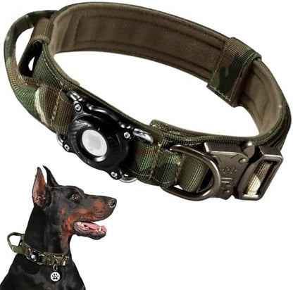 Tactical AirTag Dog Collar Waterproof with QR Code ID Tag, Military Training Dog Collar with Built-in AirTag Holder, Metal Buckle & Handle, GPS Tracking Collar for Medium to Large Dogs (Camo, L)