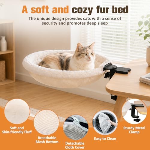 Cat Desk Bed Clamp On, 360 Swivel Faux Fur Perch, Beige