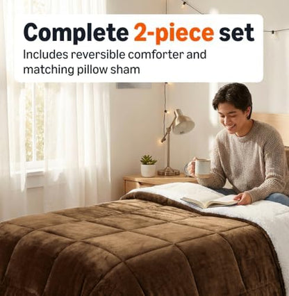 Amazon Basics Reversible Sherpa Comforter Set with Pillow Sham, Down Alternative, Warm, Twin/Twin XL, Brown