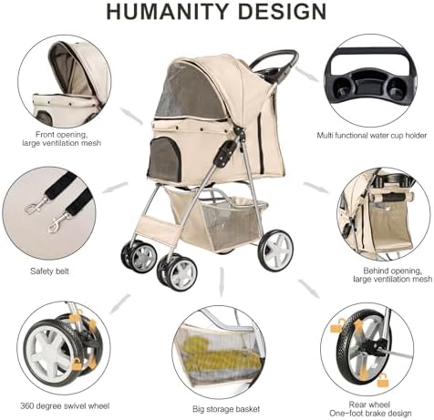 4-Wheel Pet Stroller for Small Dogs and Cats, Up to 33 lb, Gray
