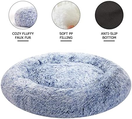 Bedfolks Calming Fluffy Donut Dog Bed for Large Dogs,Navy Blue, 36" Round