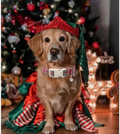 Christmas Plaid Dog Collar, Red and Blue Check Adjustable Pet Collar with Quick Release, Christmas Stripes Collar for Small Medium Large Dogs S