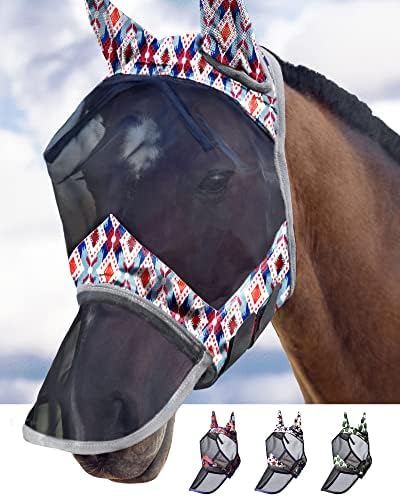 Harrison Howard LumiVista Horse Fly Mask Long Nose with Ears UV Protection for Horse Tribal Rhombus M Cob