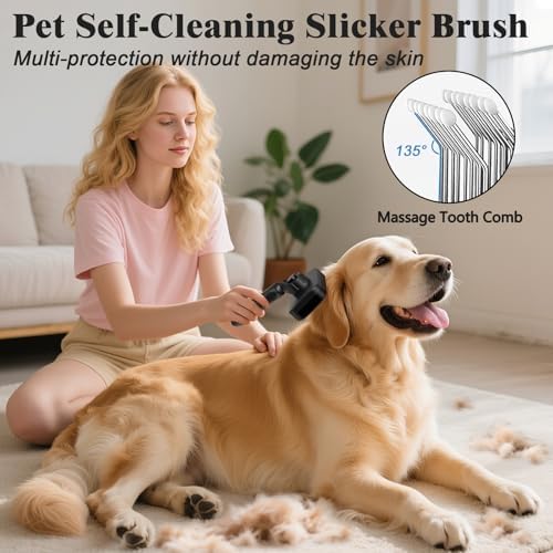 2PCS Self Cleaning Slicker Brush & Dog Comb - Skin Friendly Deshedding Grooming Tool for Dogs, Cats and Small Animals, Professional Deshedding Dematting Tool for Long and Short Haired Pets (Black)