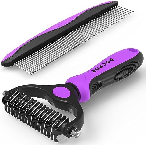 Docrok Pet Grooming Brush and Metal Comb Combo - Undercoat Rake for Dematting and Deshedding Long Matted Haired Dogs and Cats, Purple