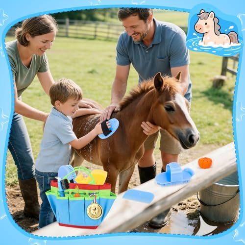 deAO Horse Grooming Brush Kit 12Pcs Horse Tack with Tote Bag,Care Tool,Blue