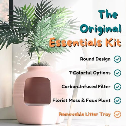 Good Pet Stuff Original Hidden Litter Box Planter, Decorative Cat Litter Enclosure, Carbon Filter, Faux Plant, Easy to Clean, Round Design, Removable Tray, Essentials Kit, Palm Plant, Blush Coral