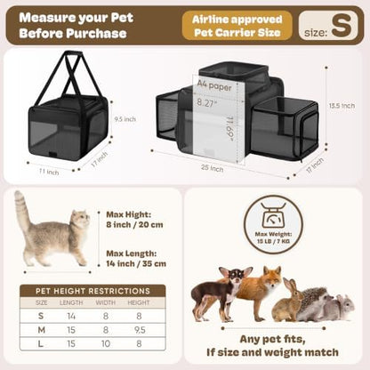Top and 2 Sides Expandable Pet Carrier 17x11x9.5 TSA Airline Approved