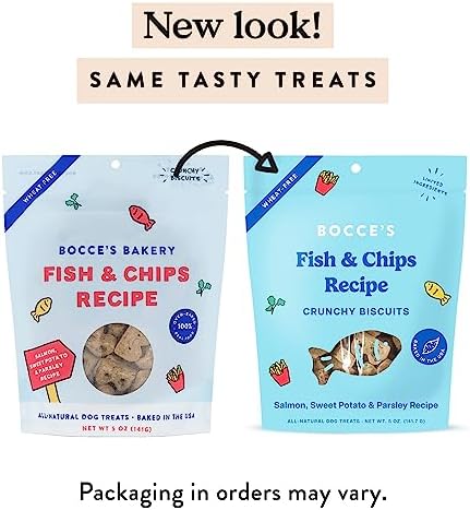 Bocce's Bakery Fish & Chips Flavor Crunchy Biscuits Dog Treats, 5 oz
