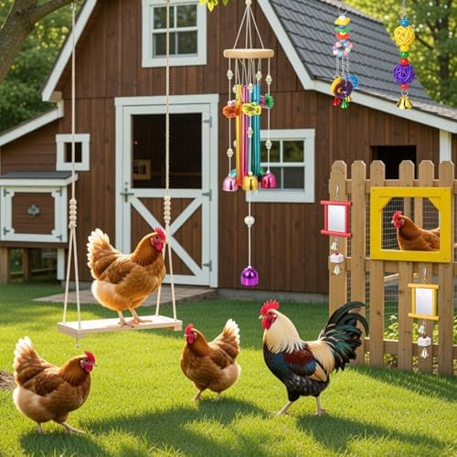 Soulchen 6 Pieces Chicken Toys for Coop Chicken Wind Chime Enrichment Toys Kits Chick Mirror with Bells Swing Hanging Chick Rattan Ball Loofah Bell for Coop Hens Chicks Poultry Birds Parrots
